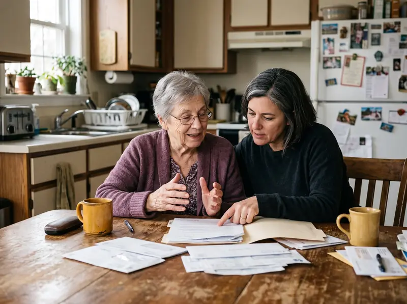 An older woman and her grown daughter go through a folder of papers at the kitchen table